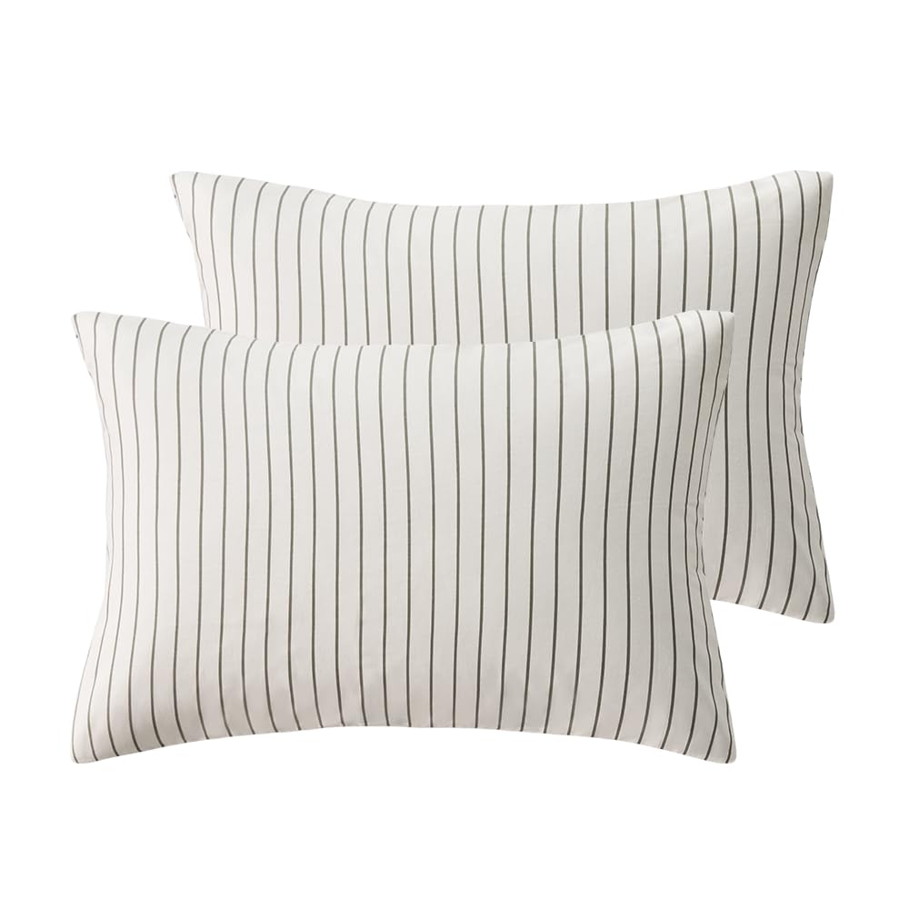 JELLYMONI Cotton Classic Striped Pillowcases Set of 2, Green, Queen