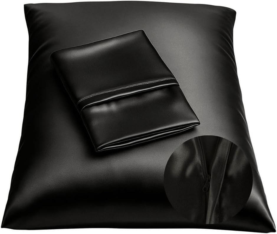 BLISSFORD Satin Pillowcase with Zipper, Like Silk Pillow Cases - Black