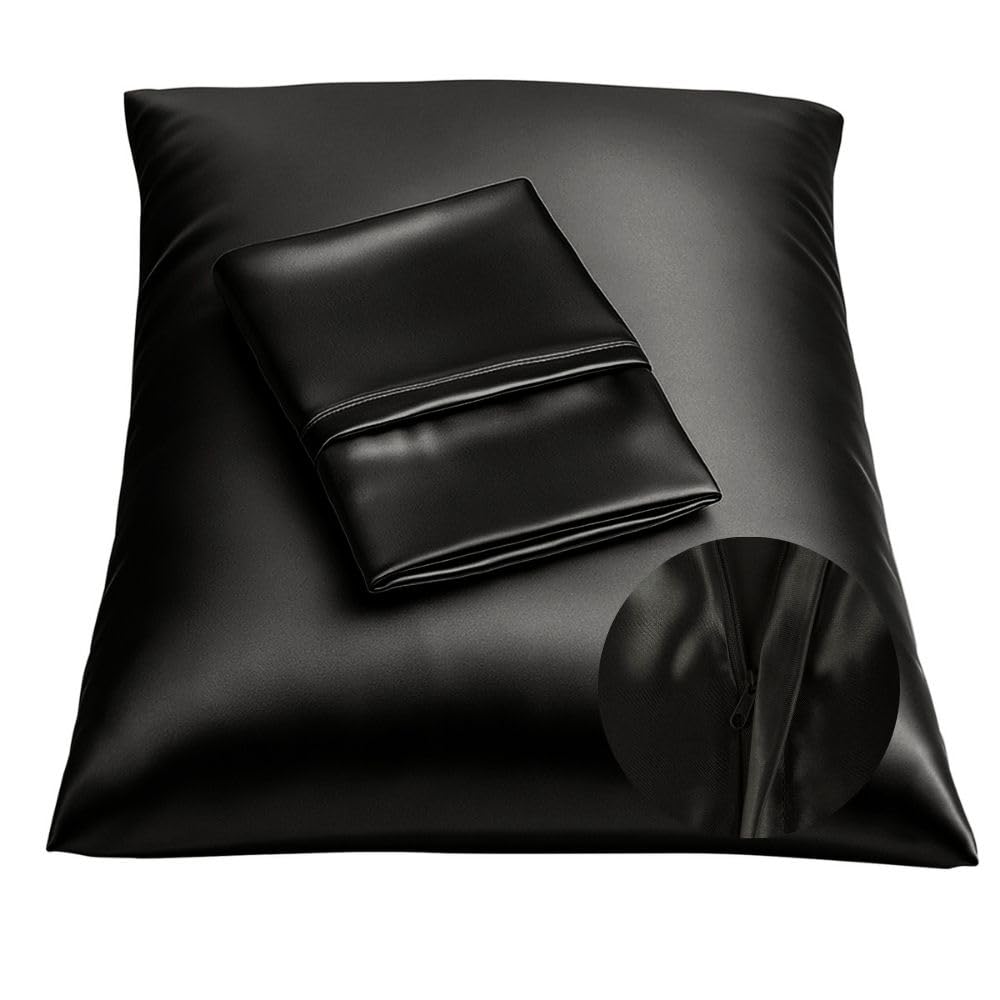 BLISSFORD Satin Pillowcase with Zipper, Like Silk Pillow Cases - Black