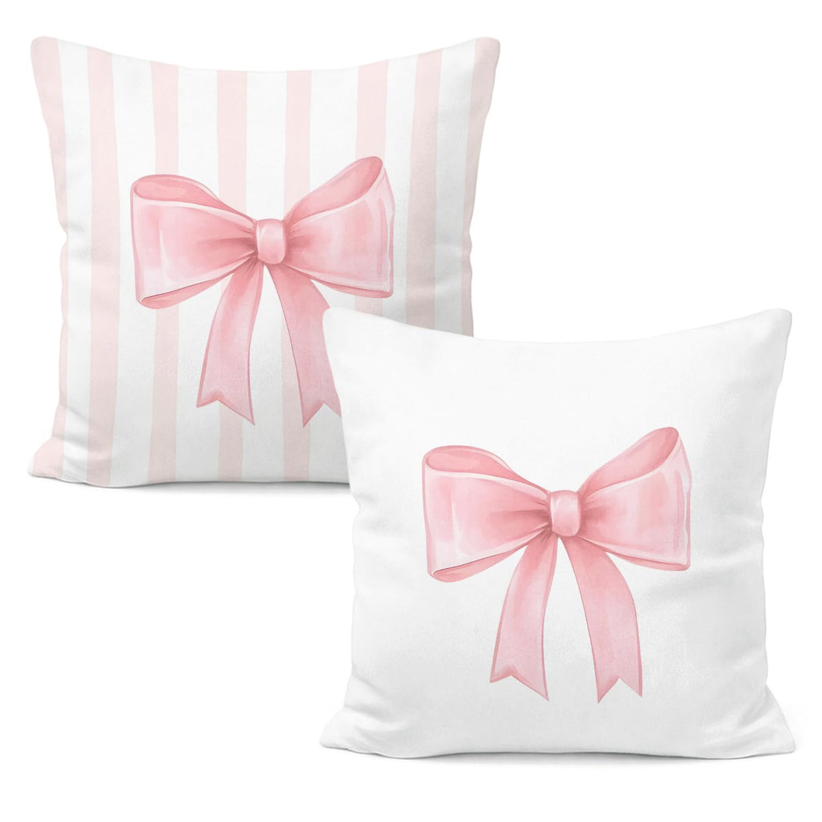 Pink Bow Decorative Throw Pillow 18x18 Inch – Cute Blush Pink Striped Pillow Cover for Girls Room, Baby Nursery, Sofa or Bedroom Decor