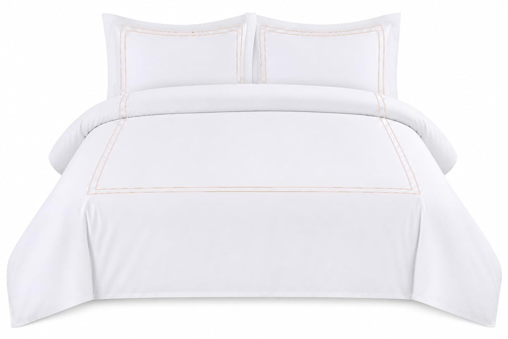 BedDecor Luxury 400-TC Egyptian Cotton 3PC Embroidered Duvet Cover Set with Beautiful 2-Stripe Embroidery(Blush Full/Queen)