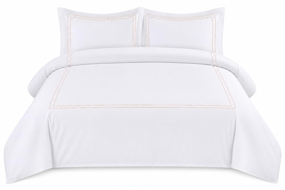 BedDecor Luxury 400-TC Egyptian Cotton 3PC Embroidered Duvet Cover Set with Beautiful 2-Stripe Embroidery(Blush Full/Queen)