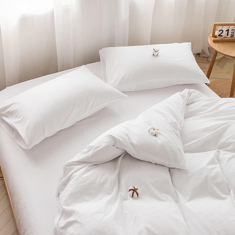 FACE TWO FACE Bedding Duvet Cover Set100% Washed Cotton Duvet Cover Linen Like Textured Breathable Durable Soft Comfy (Full, White)