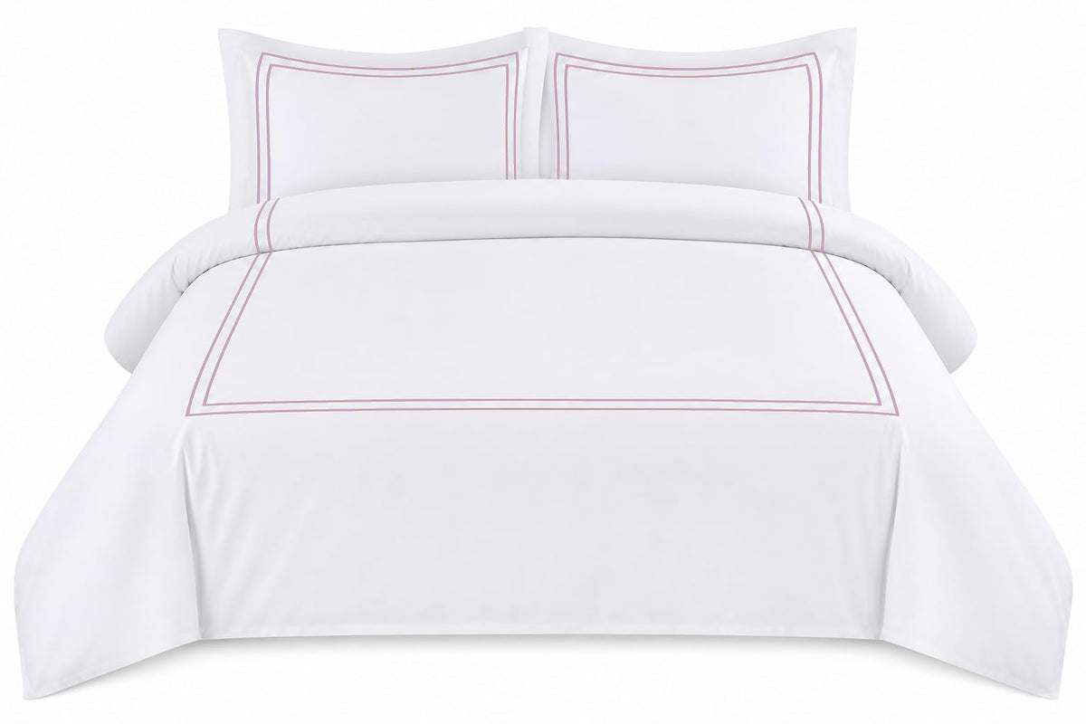 BedDecor Luxury 400-TC Egyptian Cotton 3PC Embroidered Duvet Cover Set with Beautiful 2-Stripe Embroidery(Blush Full/Queen)