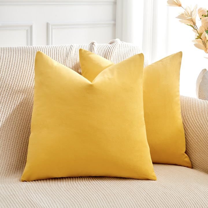Throw Pillow Covers Mustard Yellow Set of 2 18x18 Inch Fall Pillow Covers, Soft Velvet Farmhouse Neutral Decorative Pillowcases for Couch Sofa Bed, Home Boho Decor, Modern Cushion Covers
