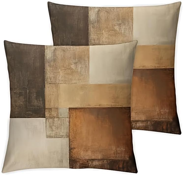 Decorative Throw Pillow Covers, Modern Abstract Brown Geometric Pattern, Set of 2，18x18 Pillows Linen Pillowcase，Modern Decorative Square Pillowcases for Sofa Couch Bedroom Living Room Car
