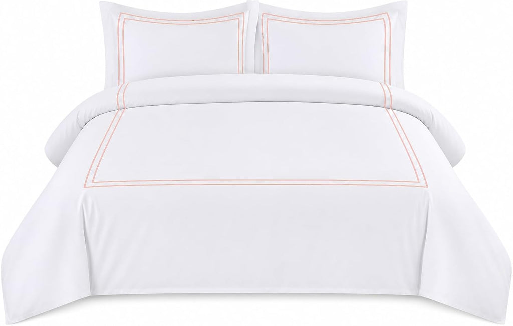 BedDecor Luxury 400-TC Egyptian Cotton 3PC Embroidered Duvet Cover Set with Beautiful 2-Stripe Embroidery(Blush Full/Queen)