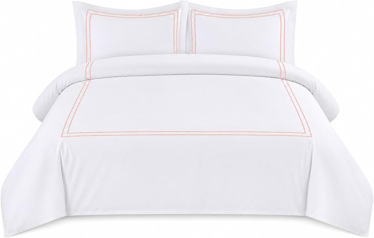 BedDecor Luxury 400-TC Egyptian Cotton 3PC Embroidered Duvet Cover Set with Beautiful 2-Stripe Embroidery(Blush Full/Queen)