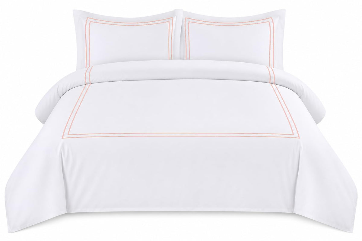 BedDecor Luxury 400-TC Egyptian Cotton 3PC Embroidered Duvet Cover Set with Beautiful 2-Stripe Embroidery(Blush Full/Queen)