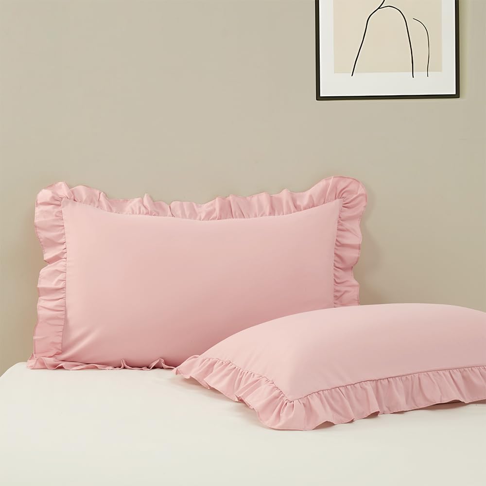 Ruffle Pillow Case Standard Size Set of 2, Pink, 20"x26"