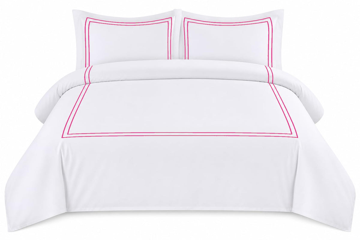 BedDecor Luxury 400-TC Egyptian Cotton 3PC Embroidered Duvet Cover Set with Beautiful 2-Stripe Embroidery(Blush Full/Queen)