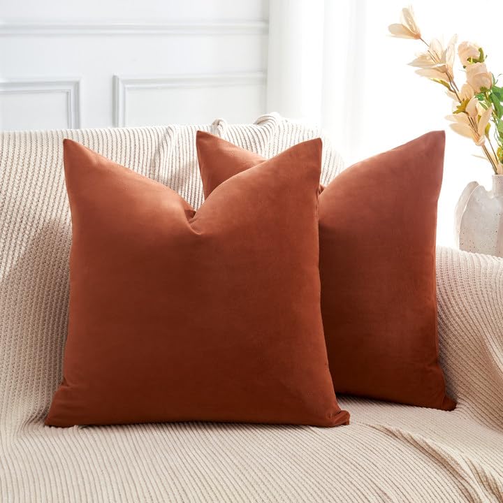 Throw Pillow Covers Mustard Yellow Set of 2 18x18 Inch Fall Pillow Covers, Soft Velvet Farmhouse Neutral Decorative Pillowcases for Couch Sofa Bed, Home Boho Decor, Modern Cushion Covers
