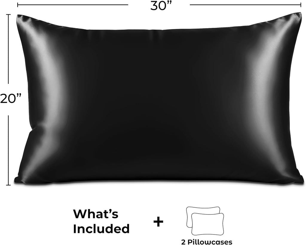 Pure Bedding Satin Pillowcase 2 Pack - Queen Size (20"x30", Black) - Silky Pillow Cases for Hair and Skin - Satin Pillow Covers with Envelope Closure - Extra Soft Premium Microfiber