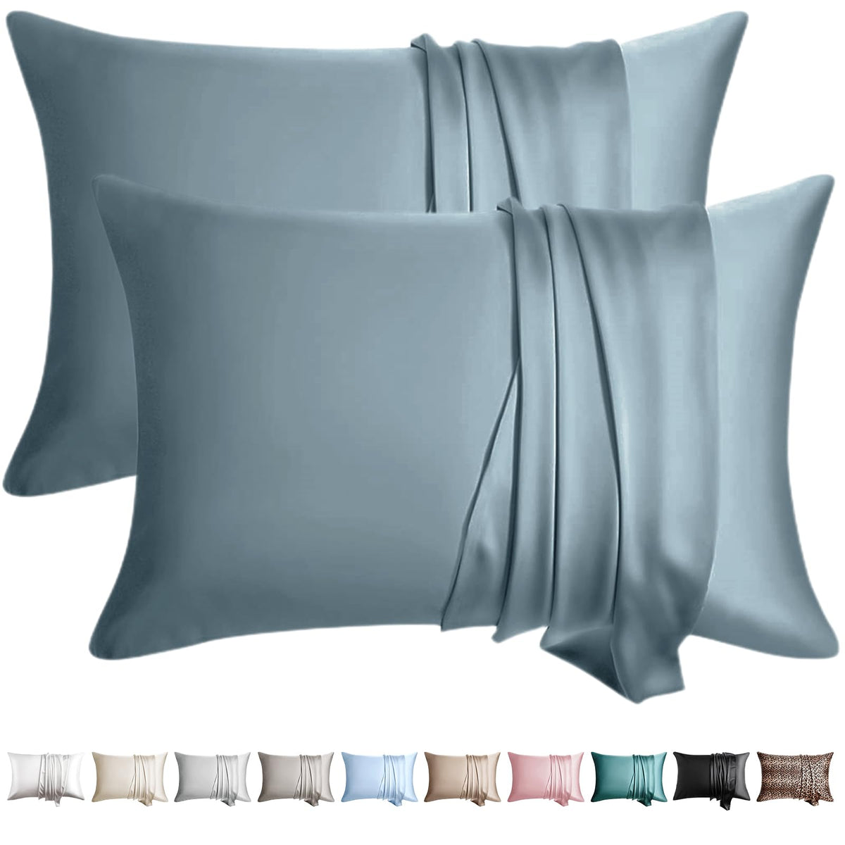 100% Silk Pillow Cases 2 Pack Queen Size Mulberry Silk Pillowcase for Hair and Skin Set of 2 Highest Grade 6A Silk Soft Breathable Cooling with Hidden Zipper, Grey