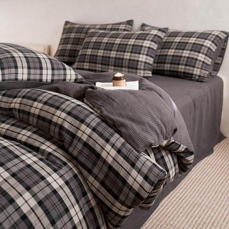 Plaid Duvet Cover Set Washed Cotton,Queen(90"x90"),Multicolor Gingham