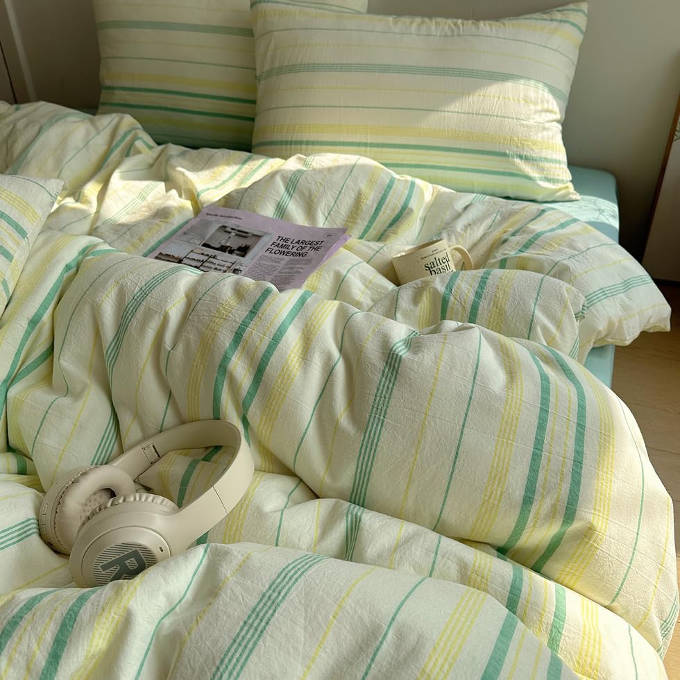EAVD Retro Striped Duvet Cover Queen Soft 100% Washed Cotton Green Purple
