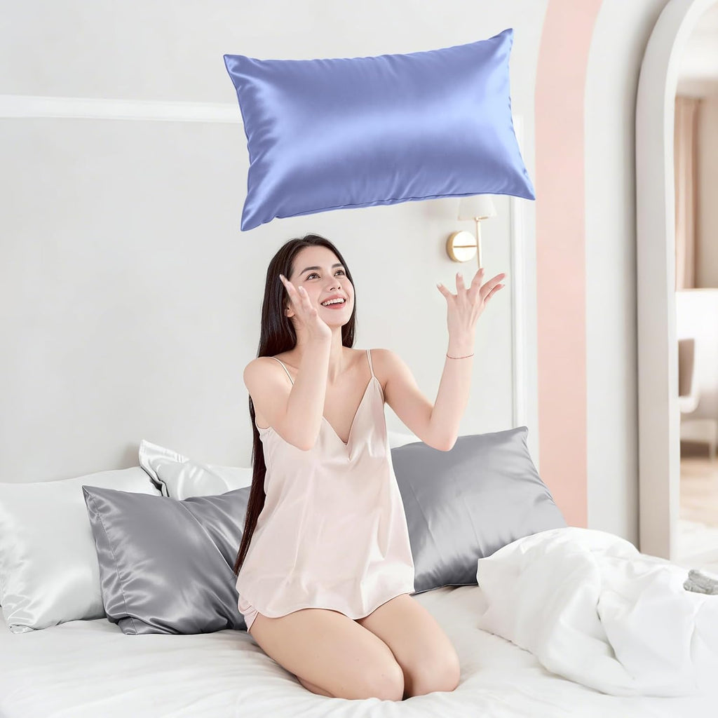 Silk Pillow Cases Mulberry Silk Pillowcases Soft Breathable Both Sided Natural Silk Pillowcase with Zipper Beauty Sleep Silk Pillow Cases 1 Pc for Gift (Standard, Cornflower Blue)