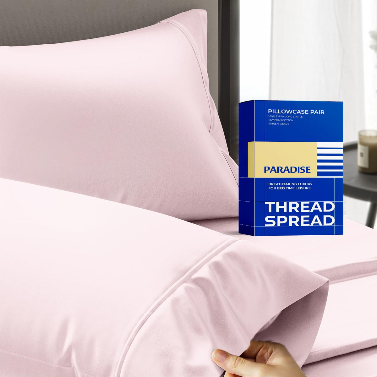Thread Spread 100% Egyptian Cotton Pillow Cases Queen Size Set of 2 - Luxury 1000 Series Paradise Collection Queen Pillow Cases (White), Soft Cooling Sateen Hotel Egyptian Cotton Pillowcases