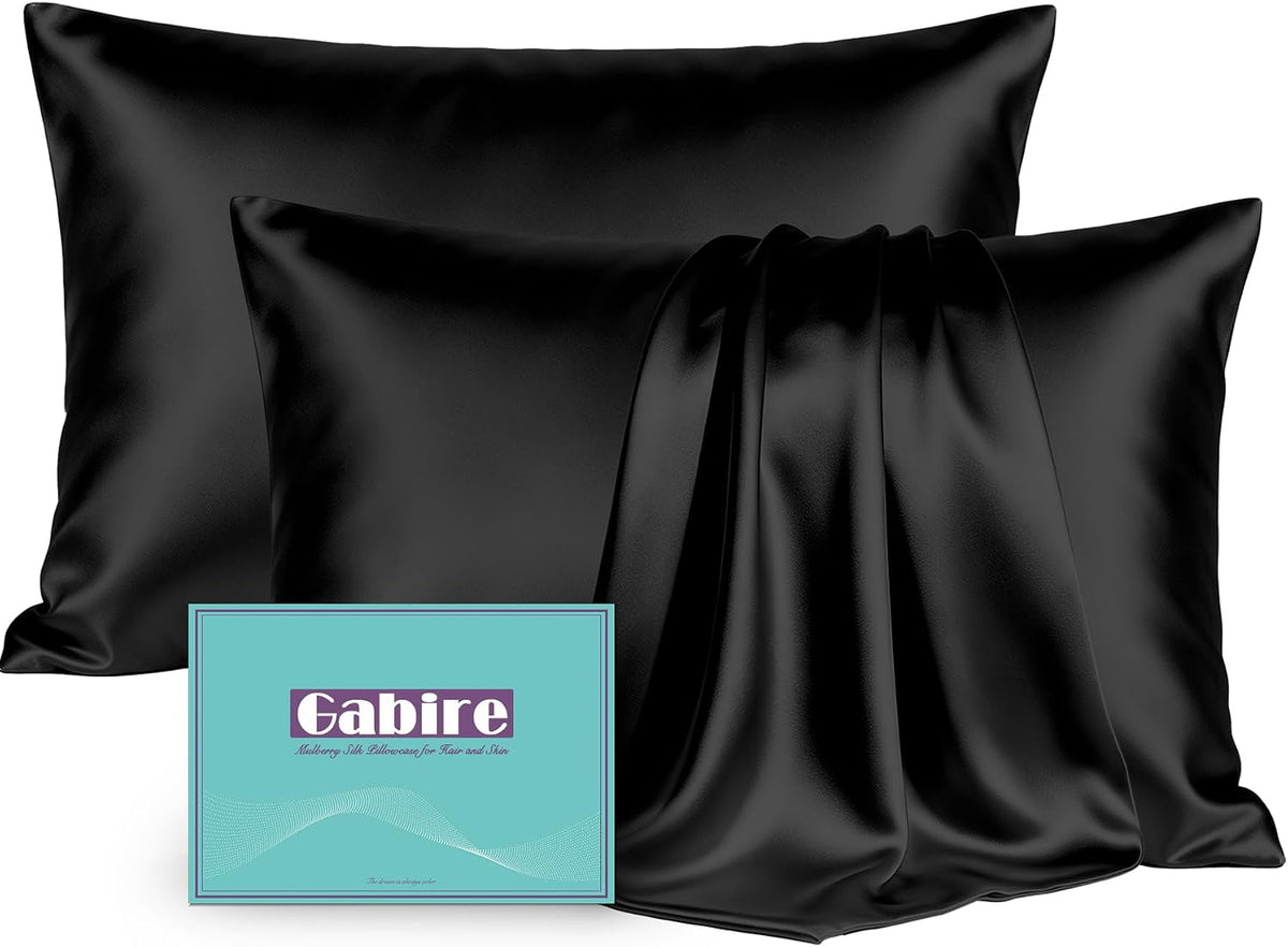Gabire Mulberry Silk Pillow Cases Set of 2, Both Sides Real Silk Pillowcase for Hair and Skin Prevent Acne Pillowcase Organic Silk Pillowcase 2 Pack with Hidden Zipper, Black, Standard (20"×26")