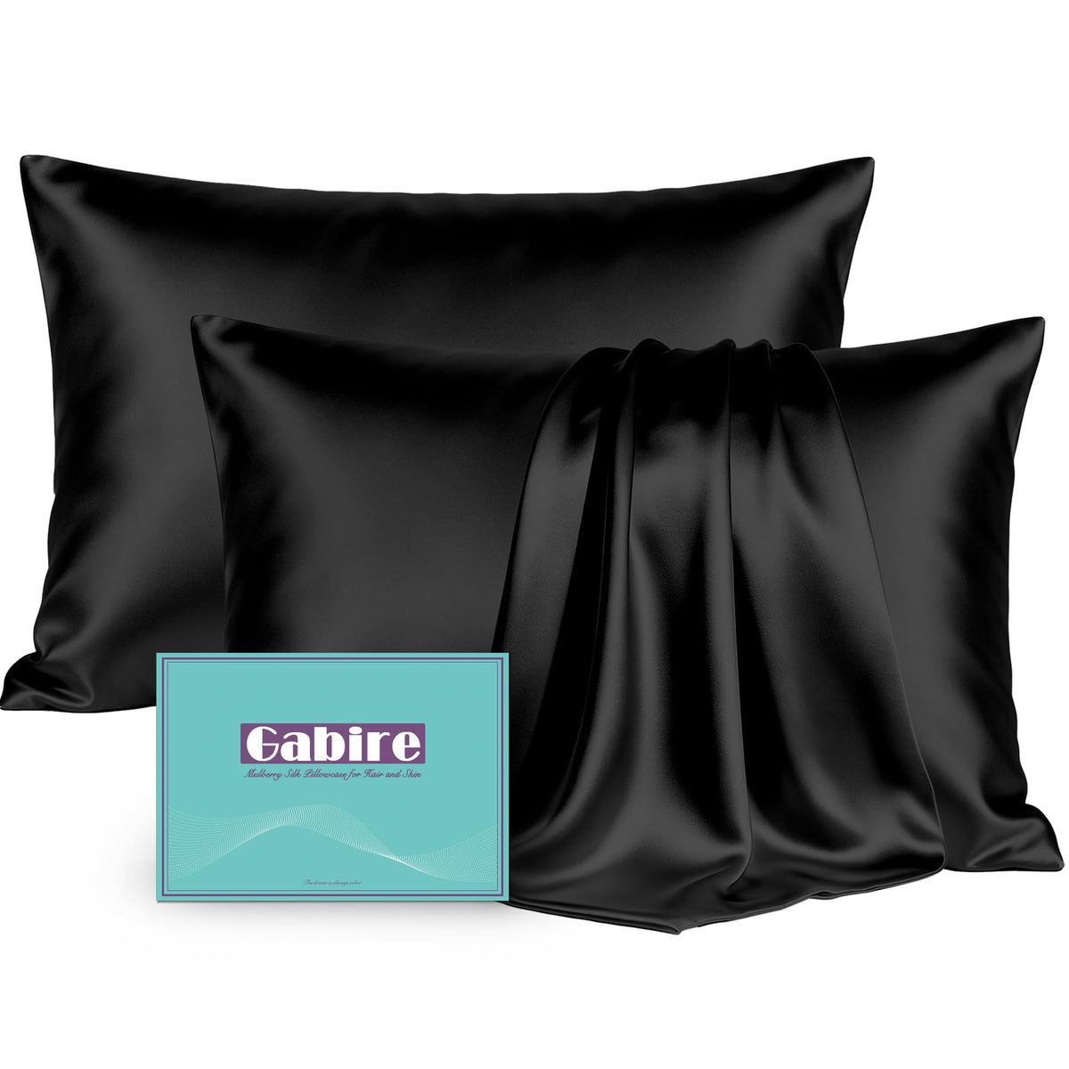 Gabire Mulberry Silk Pillow Cases Set of 2, Both Sides Real Silk Pillowcase for Hair and Skin Prevent Acne Pillowcase Organic Silk Pillowcase 2 Pack with Hidden Zipper, Black, Standard (20"×26")