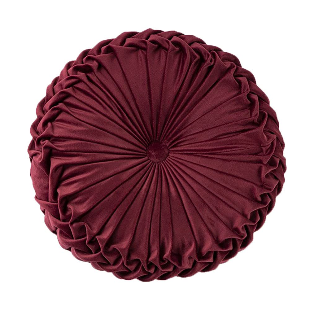 Teieas Round Pillows Velvet Pleated Circle Pillow Floor Pillows Burgundy