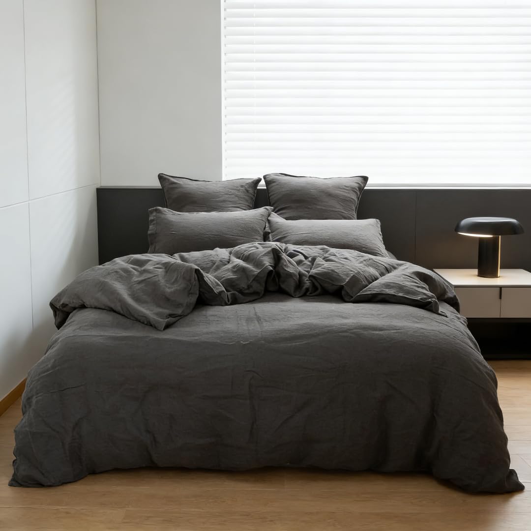 Simple&Opulence 100% Linen Duvet Cover Set 3pcs Basic Style Natural French Washed Flax Solid Color Soft Breathable Farmhouse Bedding with Button Closure - Linen, King
