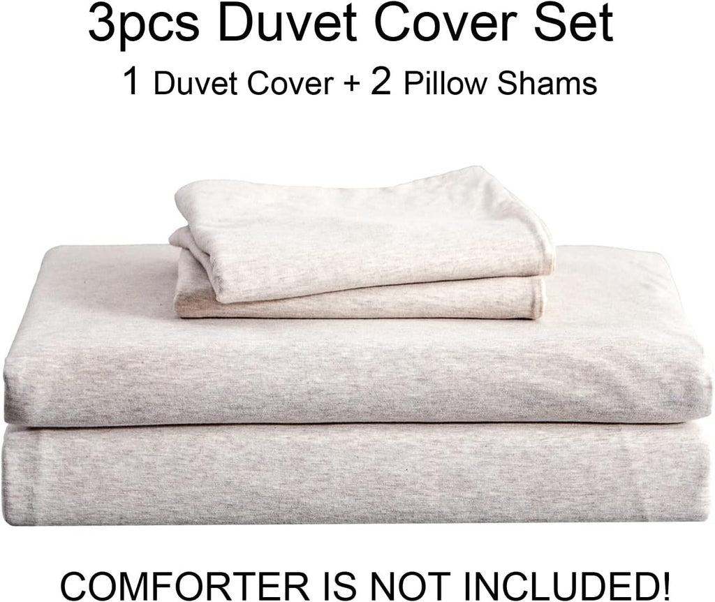 PURE ERA Jersey Knit Duvet Cover Set 100% T-Shirt Cotton Super Soft Comfy 3pc Bedding Set with Zipper Closure (Heather Beige, Queen)