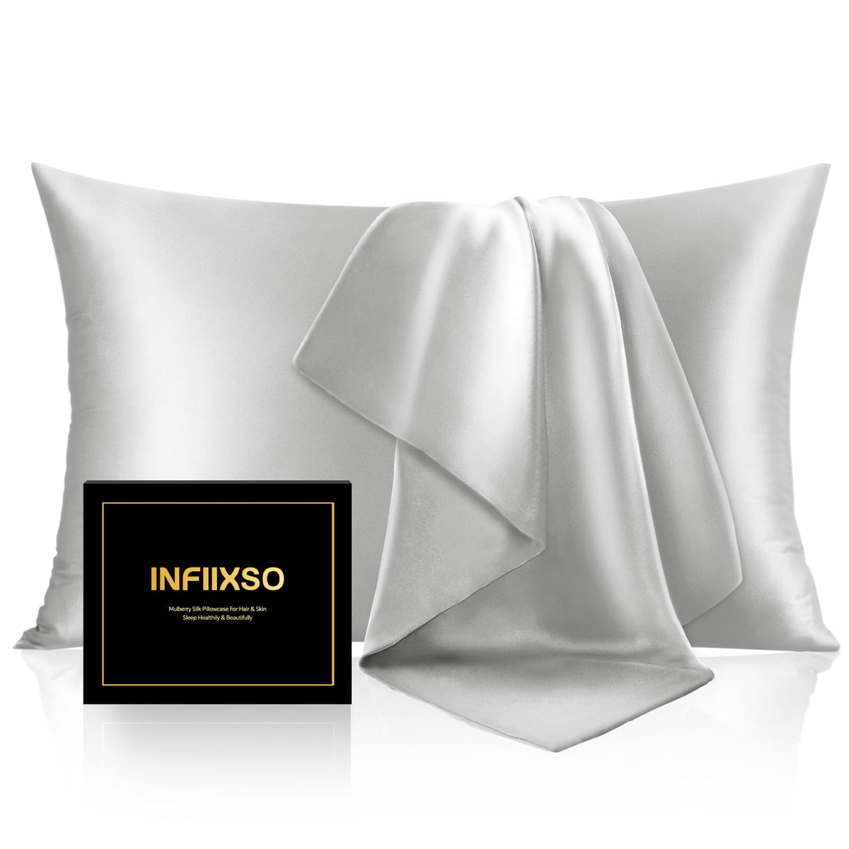 INFIIXSO Silk Pillow Cases 2 Pack, Standard Size, Hidden Zipper, Light Grey