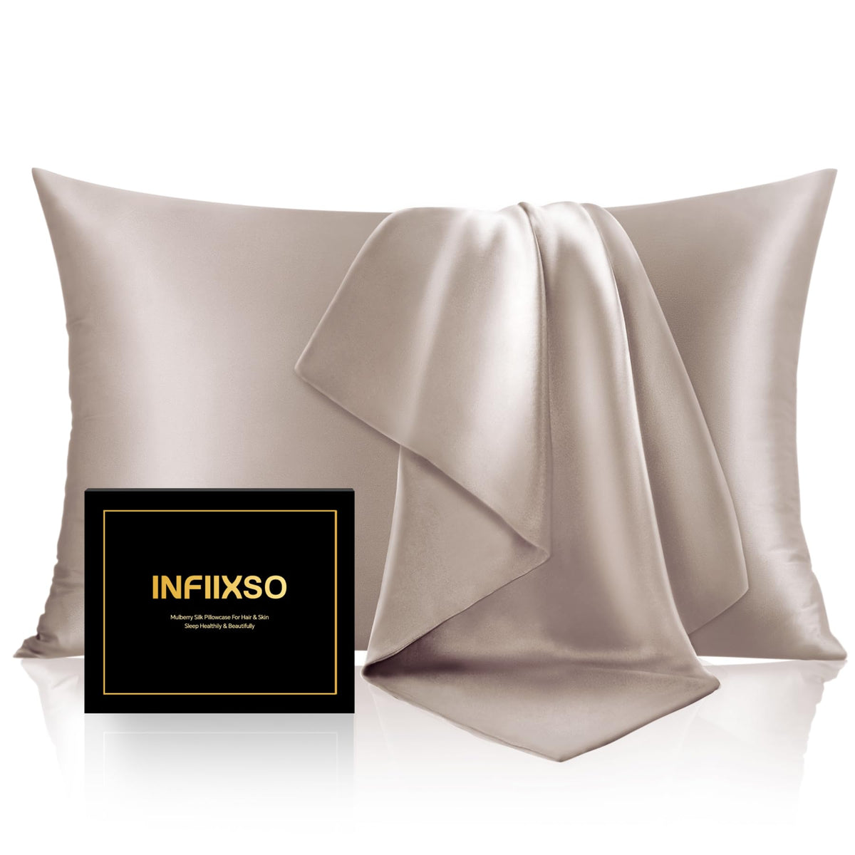 INFIIXSO Silk Pillow Cases 2 Pack, Standard Size, Hidden Zipper, Light Grey
