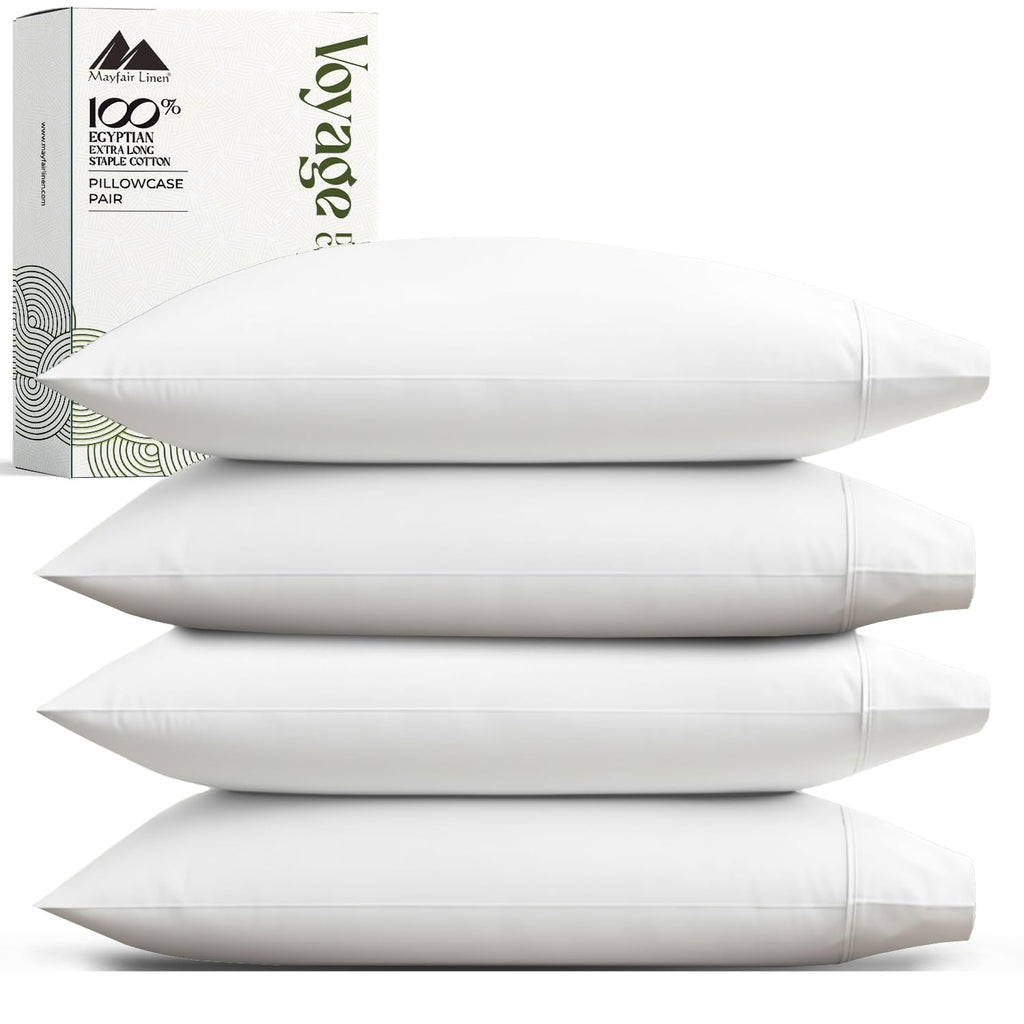 Mayfair Linen Pillow Cases Queen Size - Luxury 600 Series Egyptian Cotton Pillow Cases Queen Size Set of 2 (White), Soft, Cooling & Breathable Sateen Weave Hotel Pillowcovers - Voyage Collection