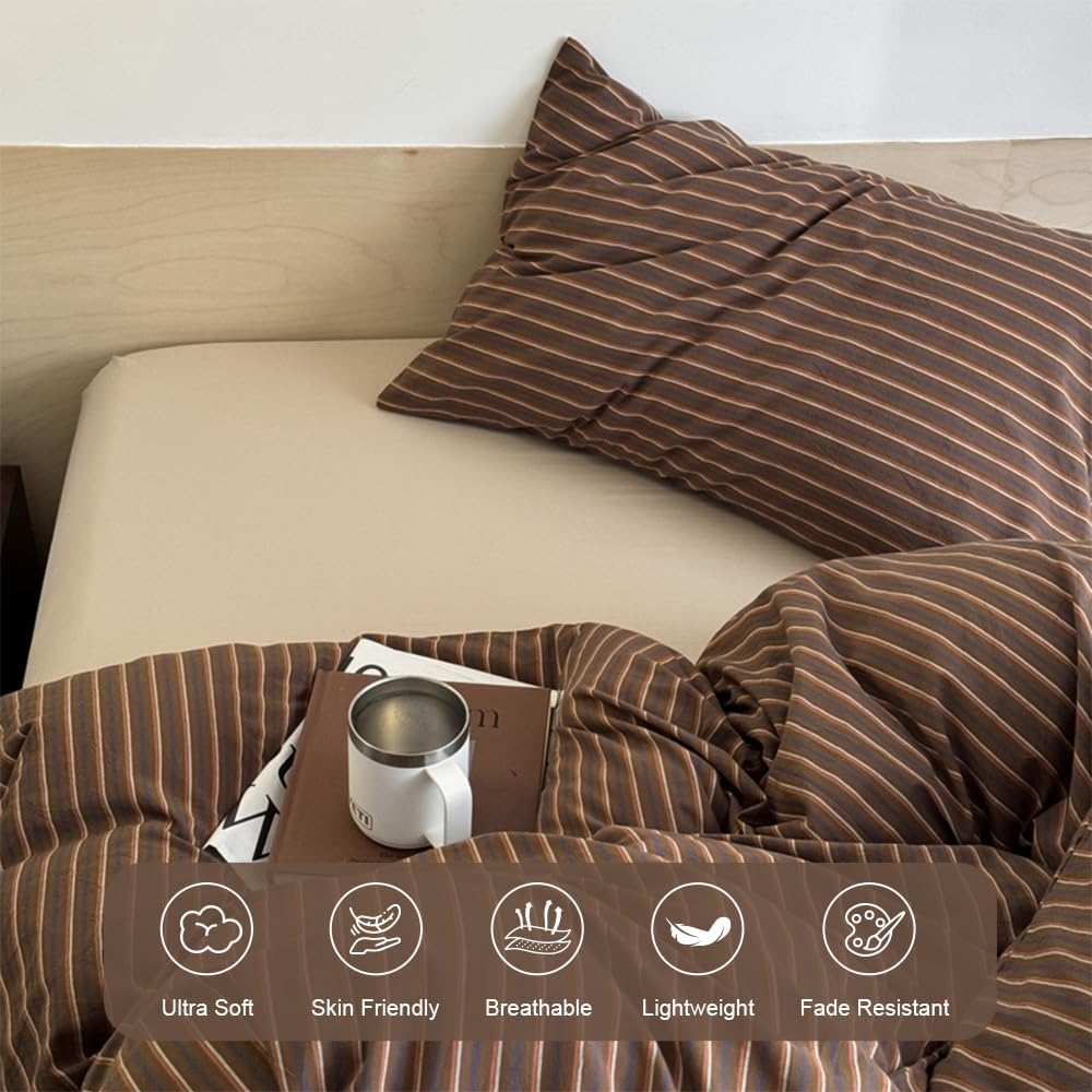 Duvet Cover Set Queen Size Brown Striped Bedding Set for Girls Boys