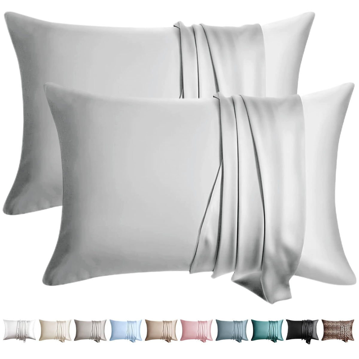 100% Silk Pillow Cases 2 Pack Queen Size Mulberry Silk Pillowcase for Hair and Skin Set of 2 Highest Grade 6A Silk Soft Breathable Cooling with Hidden Zipper, Grey