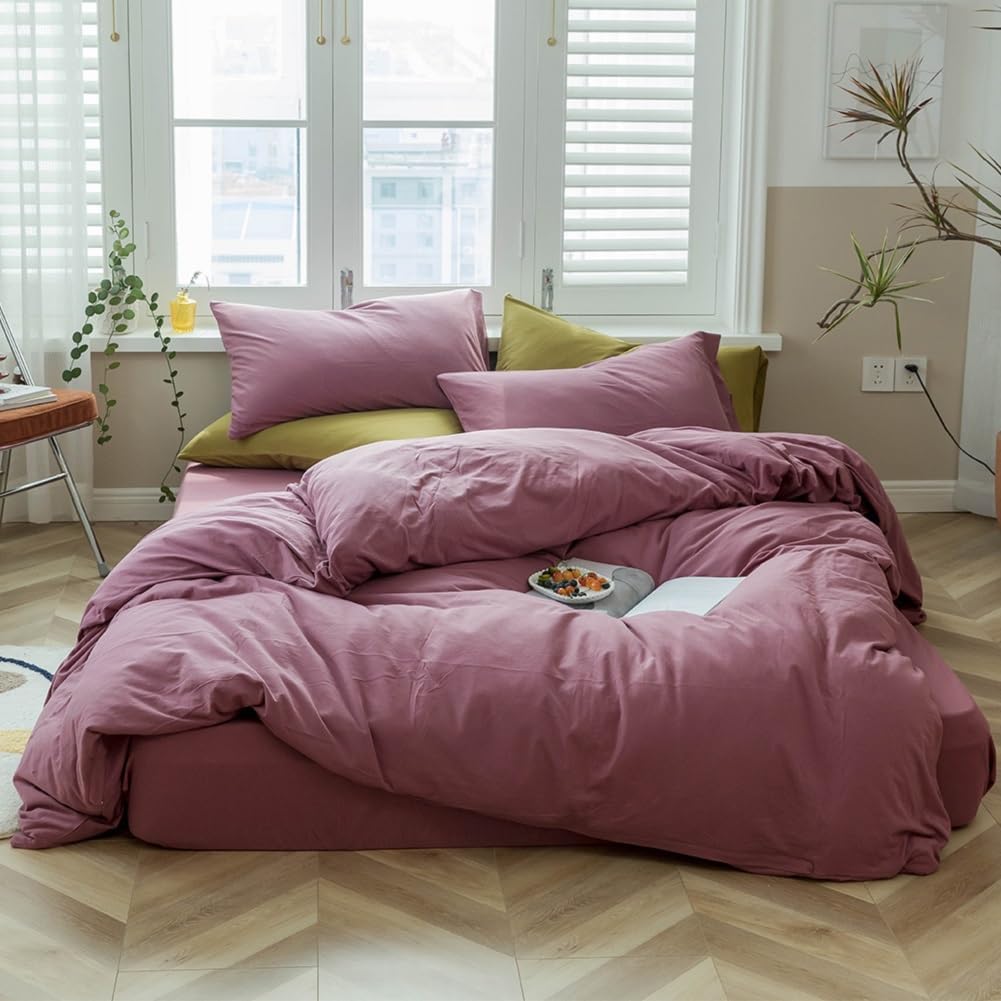 Purple Bedding Duvet Cover Full Size 3 Pieces Pale Mauve Duvet Cover Boho Solid Bedding Set Luxury Soft Jersey Knit Cotton Comforter Cover with 2 Pillowcases Breathable Soft Mauve Color Bedding Set