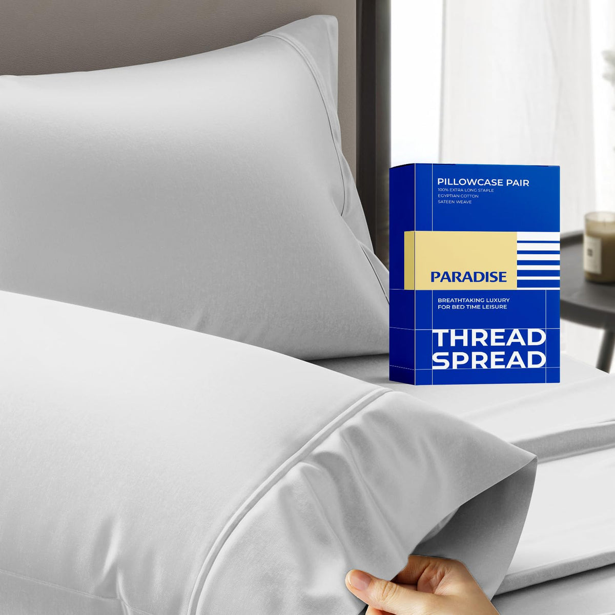 Thread Spread 100% Egyptian Cotton Pillow Cases Queen Size Set of 2 - Luxury 1000 Series Paradise Collection Queen Pillow Cases (White), Soft Cooling Sateen Hotel Egyptian Cotton Pillowcases