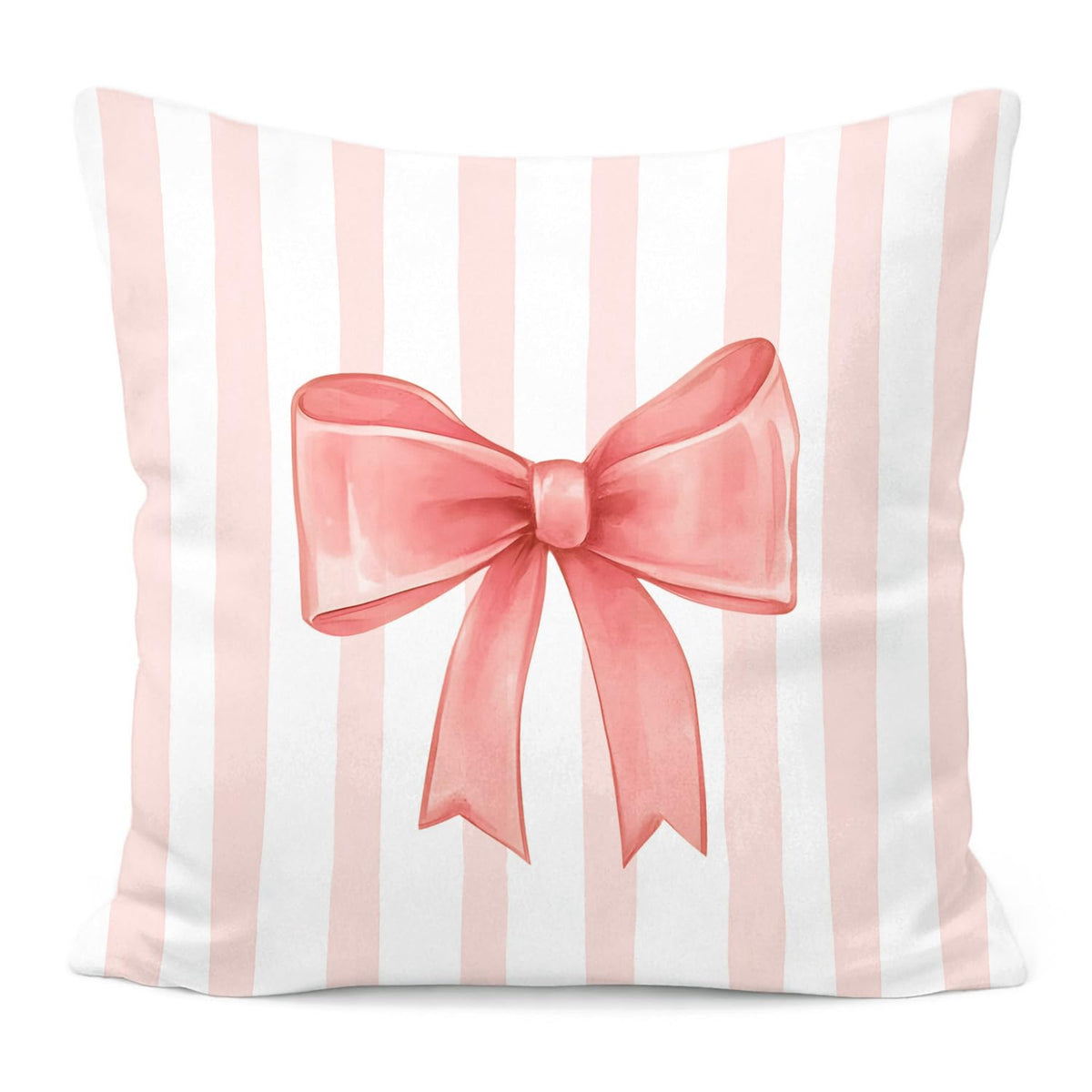 Pink Bow Decorative Throw Pillow 18x18 Inch – Cute Blush Pink Striped Pillow Cover for Girls Room, Baby Nursery, Sofa or Bedroom Decor