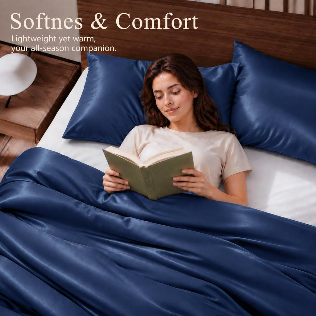 Queen Duvet Cover Set 3 Pieces, 100% Organic Viscose derived from Bamboo, Luxuriously Soft & Cooling, 1 Duvet Cover and 2 Pillowcases, 90" x 90"(Queen, Navy)
