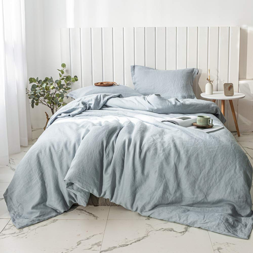 Simple&Opulence 100% Linen Duvet Cover Set 3pcs Basic Style Natural French Washed Flax Solid Color Soft Breathable Farmhouse Bedding with Button Closure - Linen, King