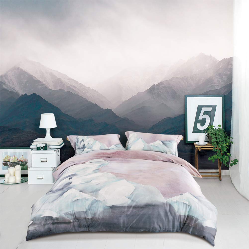 MILDLY White Floral Green Leaves Luxury Duvet Cover Set 3pcs Queen