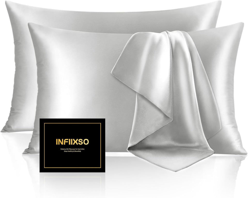 INFIIXSO Silk Pillow Cases 2 Pack, Standard Size, Hidden Zipper, Light Grey