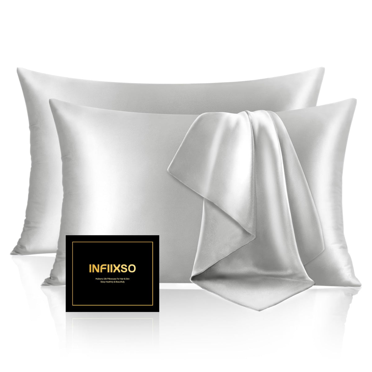 INFIIXSO Silk Pillow Cases 2 Pack, Standard Size, Hidden Zipper, Light Grey