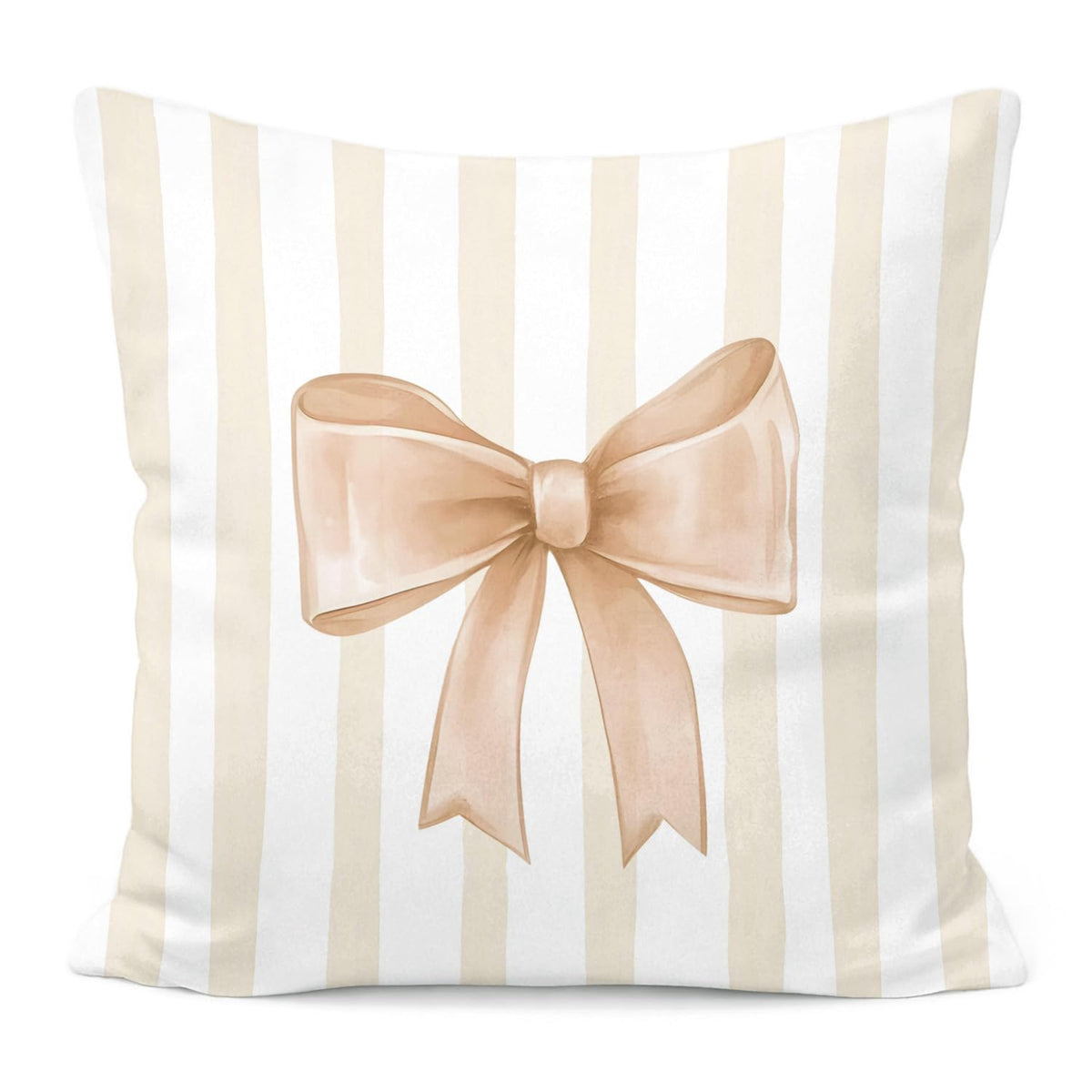 Pink Bow Decorative Throw Pillow 18x18 Inch – Cute Blush Pink Striped Pillow Cover for Girls Room, Baby Nursery, Sofa or Bedroom Decor