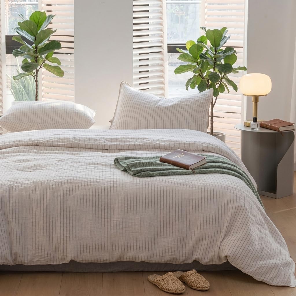Simple&Opulence 100% Linen Duvet Cover Set 3pcs Basic Style Natural French Washed Flax Solid Color Soft Breathable Farmhouse Bedding with Button Closure - Linen, King