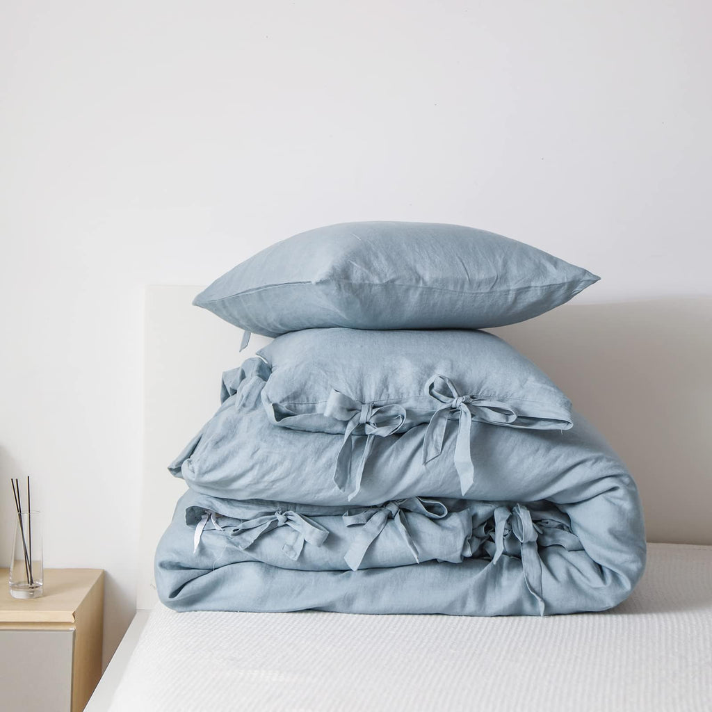 Simple&Opulence 100% Linen Duvet Cover Set, 3 Pieces Belgian Flax Breathable Bedding, King Size 104''x92'' (1 Comforter Cover+2 Pillowshams) with Tie Closure Style,Dusty Blue