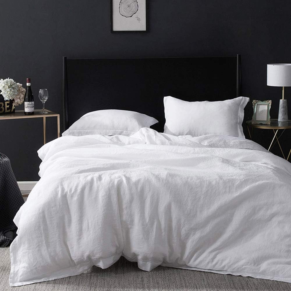Simple&Opulence 100% French Flax Linen Duvet Cover Set with Embroidery Washed - 3 Pieces (1 Duvet Cover with 2 Pillow Shams) with Button Closure Soft Breathable Farmhouse - Linen, King Size