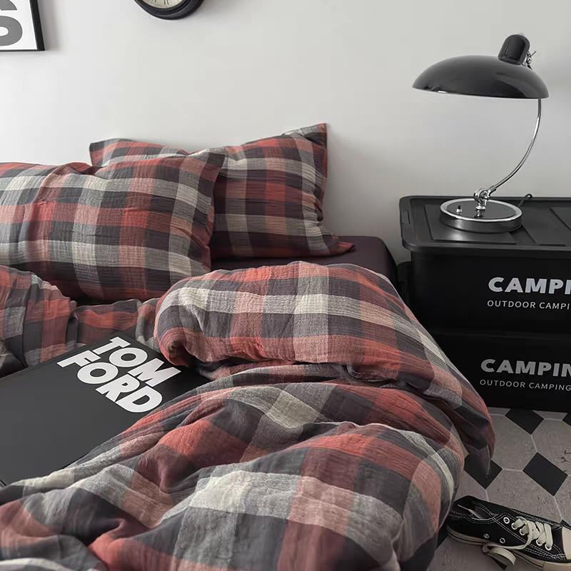 Plaid Duvet Cover Set Washed Cotton,Queen(90"x90"),Multicolor Gingham