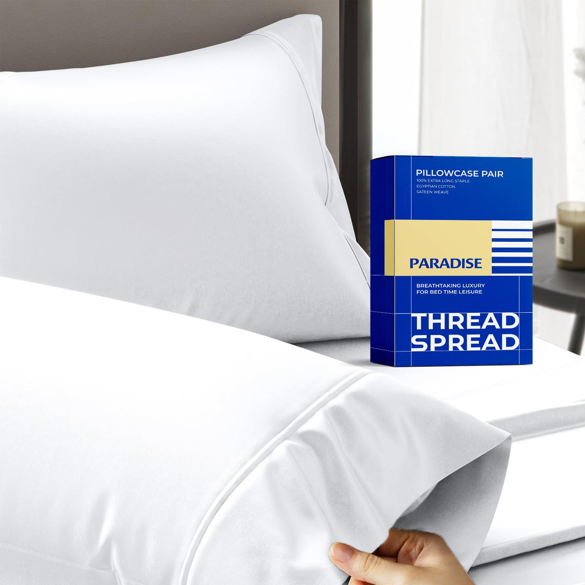 Thread Spread 100% Egyptian Cotton Pillow Cases Queen Size Set of 2 - Luxury 1000 Series Paradise Collection Queen Pillow Cases (White), Soft Cooling Sateen Hotel Egyptian Cotton Pillowcases