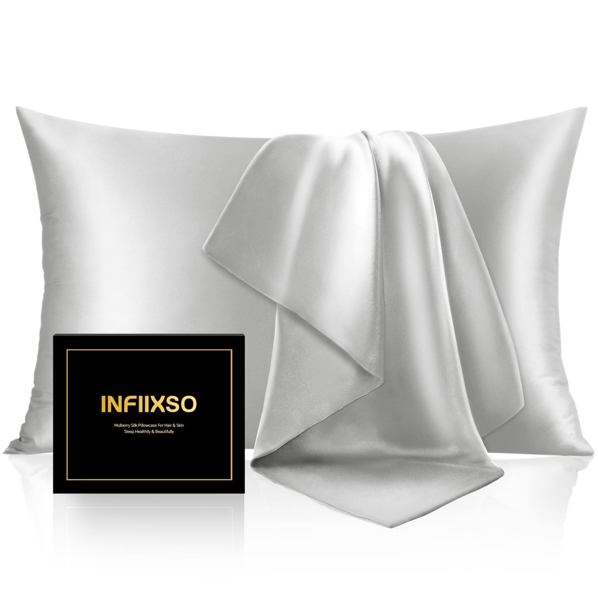 INFIIXSO Silk Pillow Cases 2 Pack, Standard Size, Hidden Zipper, Light Grey