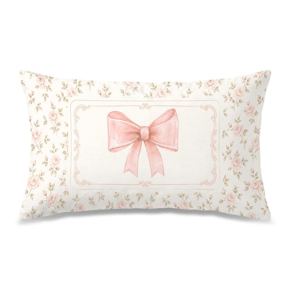 Pink Bow Decorative Throw Pillow 18x18 Inch – Cute Blush Pink Striped Pillow Cover for Girls Room, Baby Nursery, Sofa or Bedroom Decor