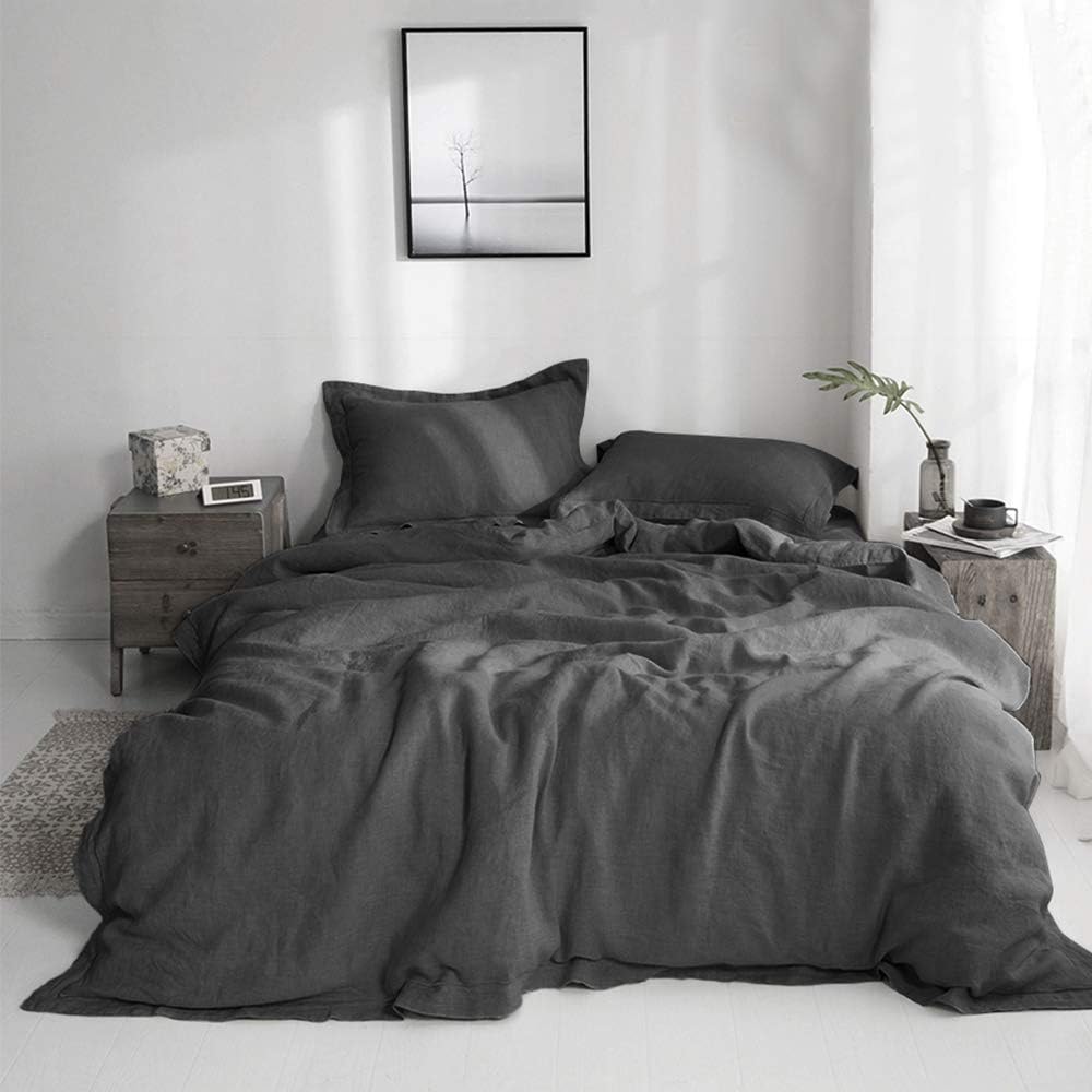 Simple&Opulence 100% French Flax Linen Duvet Cover Set with Embroidery Washed - 3 Pieces (1 Duvet Cover with 2 Pillow Shams) with Button Closure Soft Breathable Farmhouse - Linen, King Size
