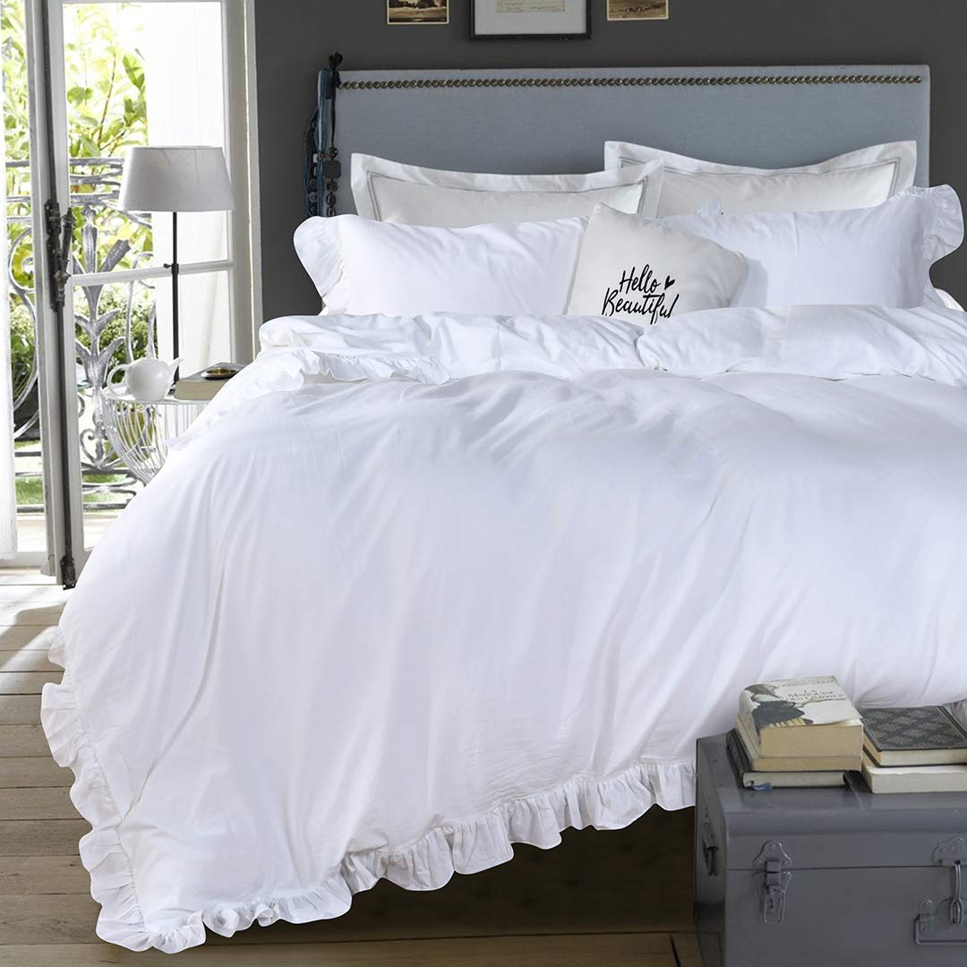 QSH Washed Cotton Duvet Cover King Ruffle Duvet Cover Linen Textured Farmhouse Shabby Vintage Chic Bedding Comforter Cover 3 PCs Aesthetic French Country Vintage King Bedding